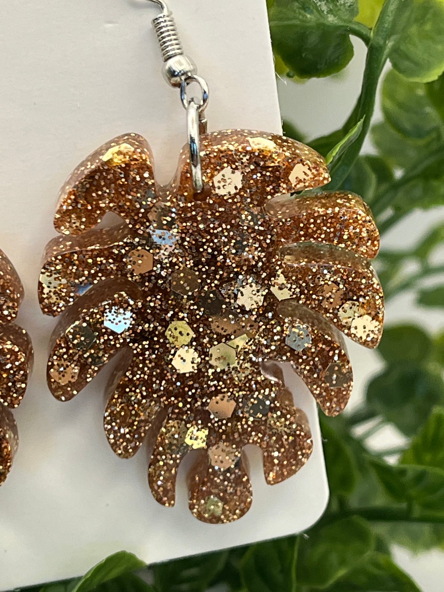 Large Monstera Earrings Rose Gold