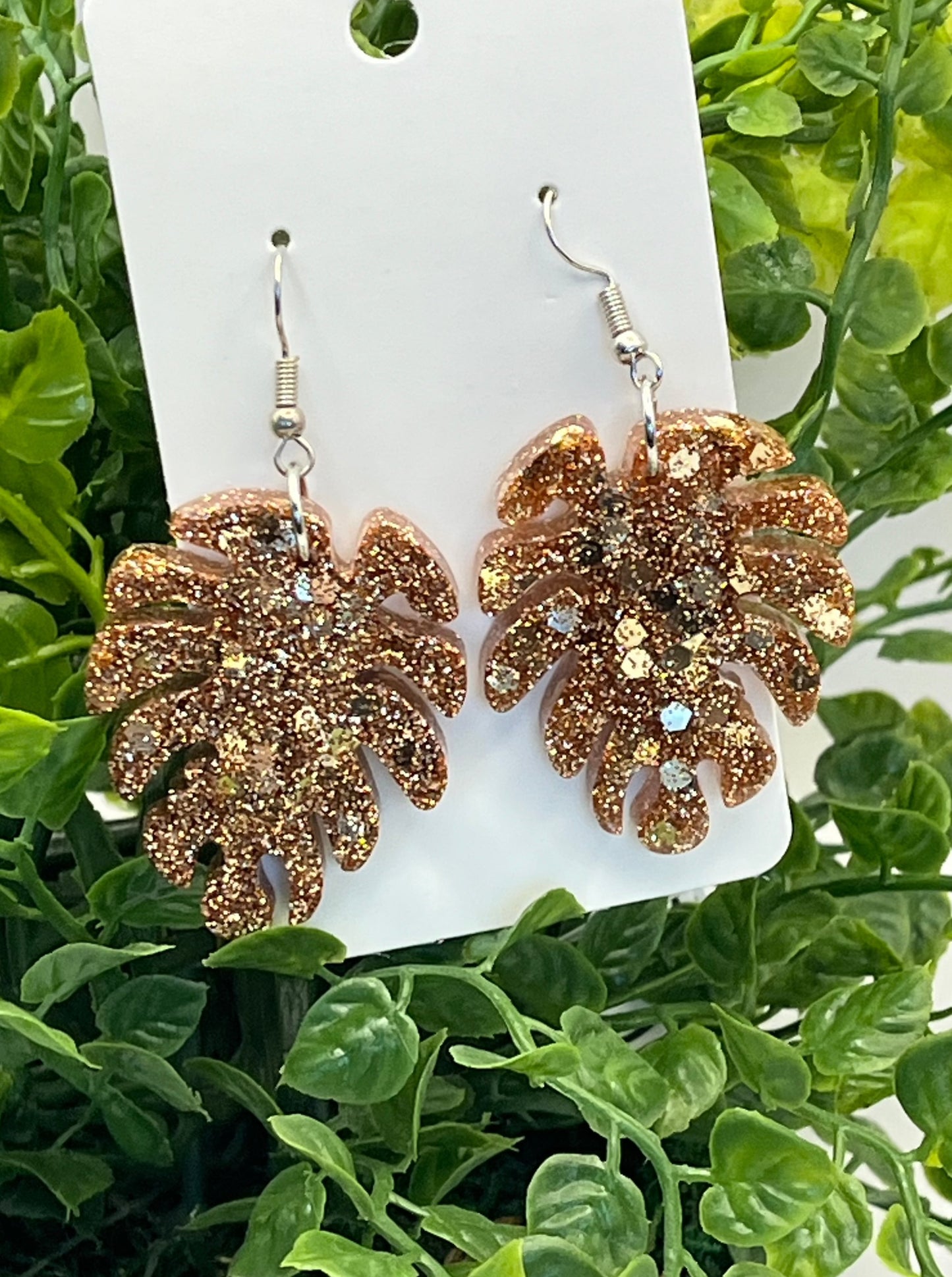 Large Monstera Earrings Rose Gold
