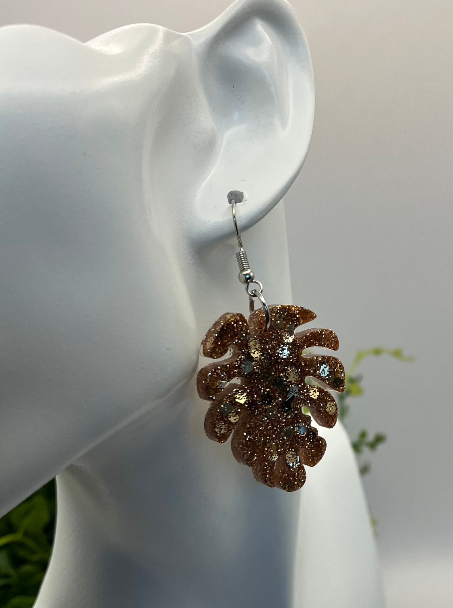 Large Monstera Earrings Rose Gold