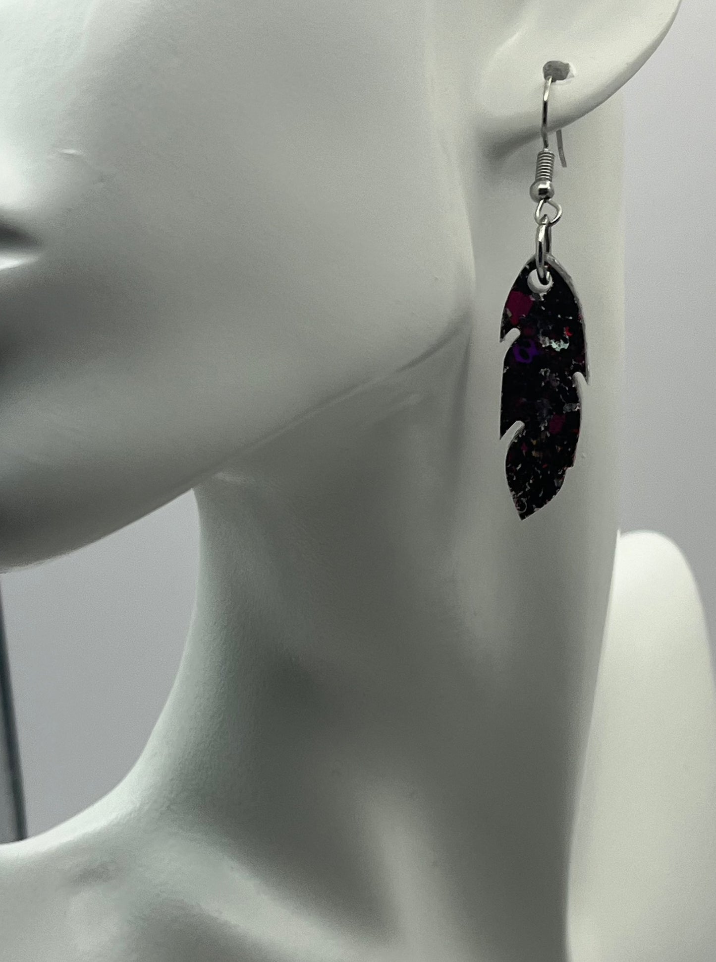 Medium Feathers Black with Pink and Silver Hearts.
