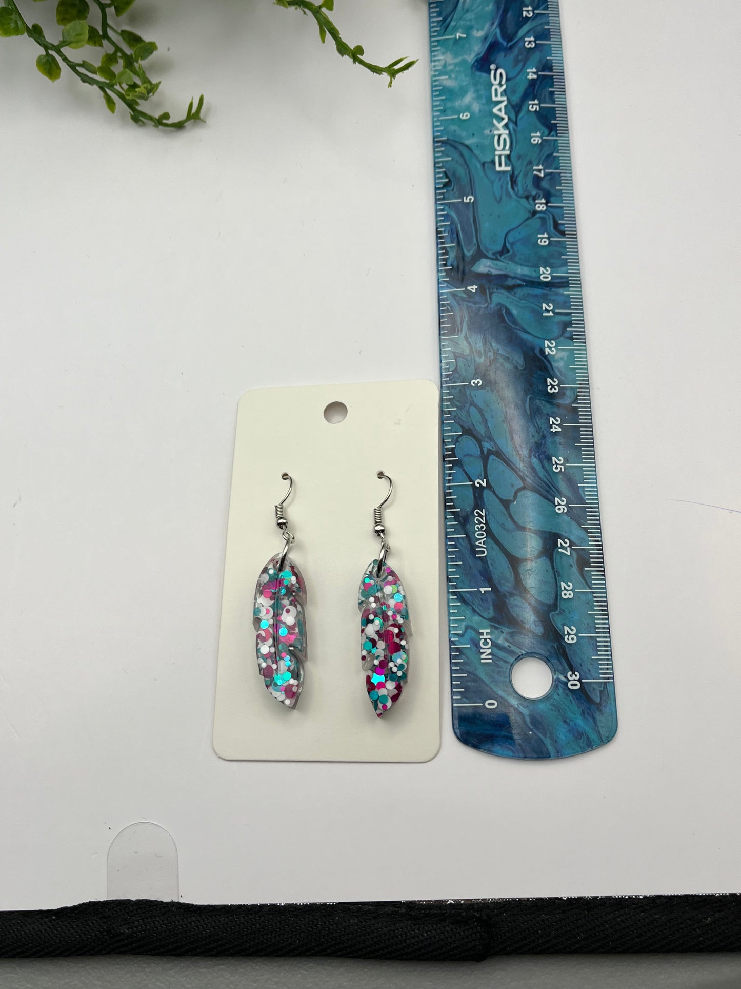 Medium Feather Earrings pink, teal, and white