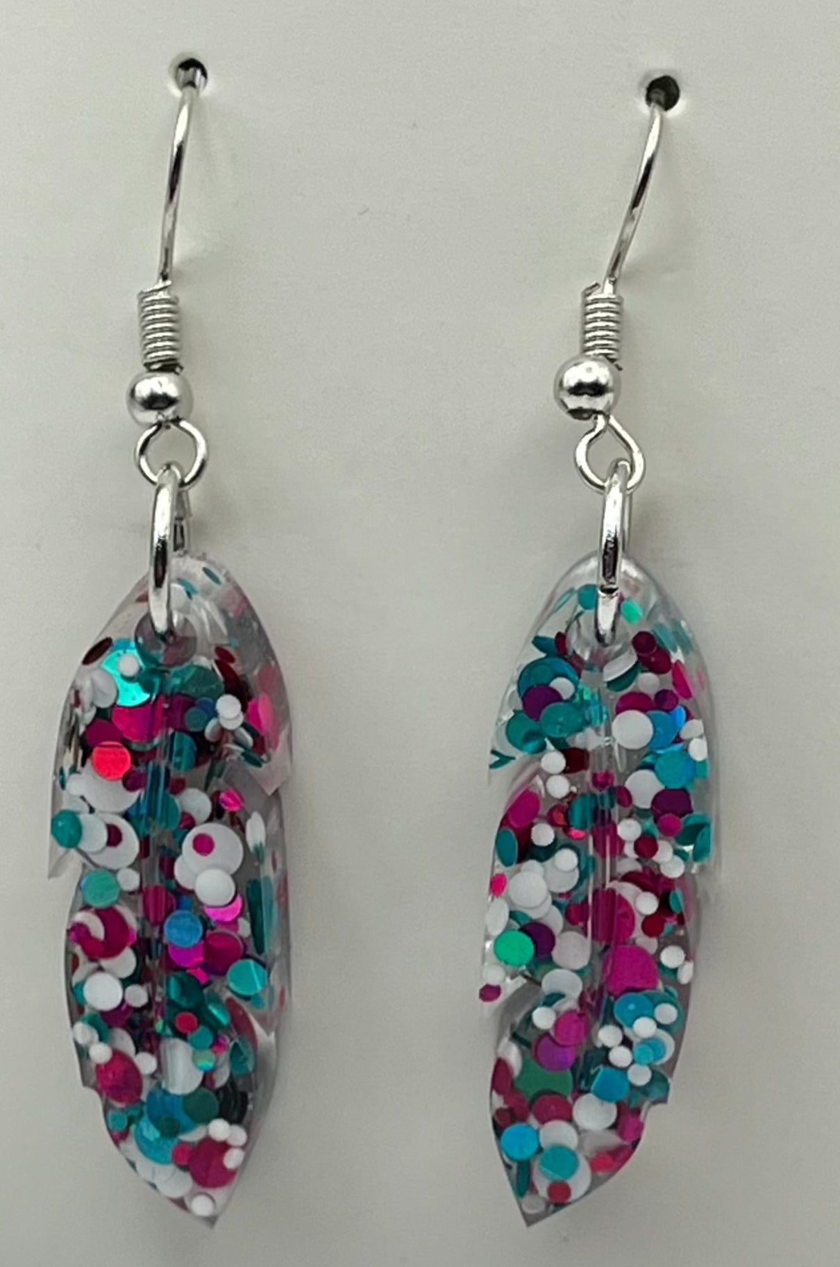 Medium Feather Earrings pink, teal, and white