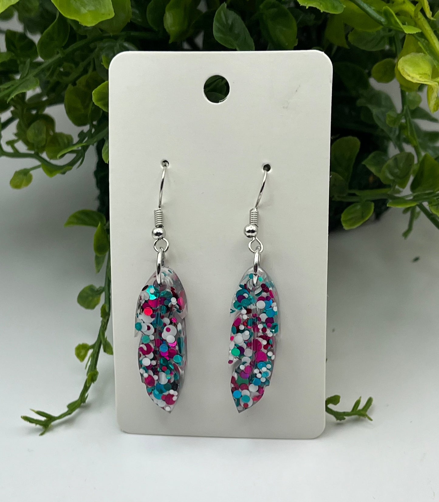 Medium Feather Earrings pink, teal, and white