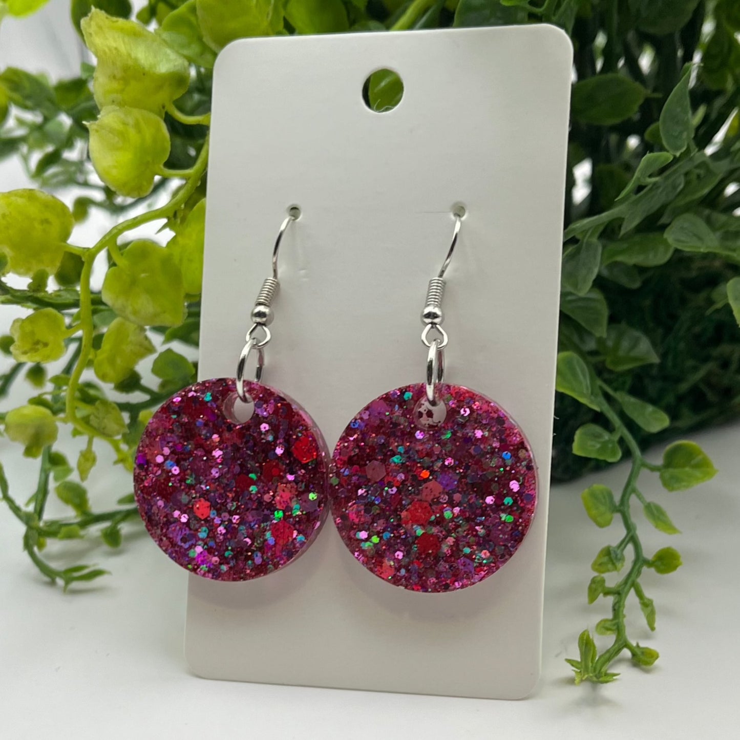 Medium Circle Earrings Pink w/ Iridescent Sparkles