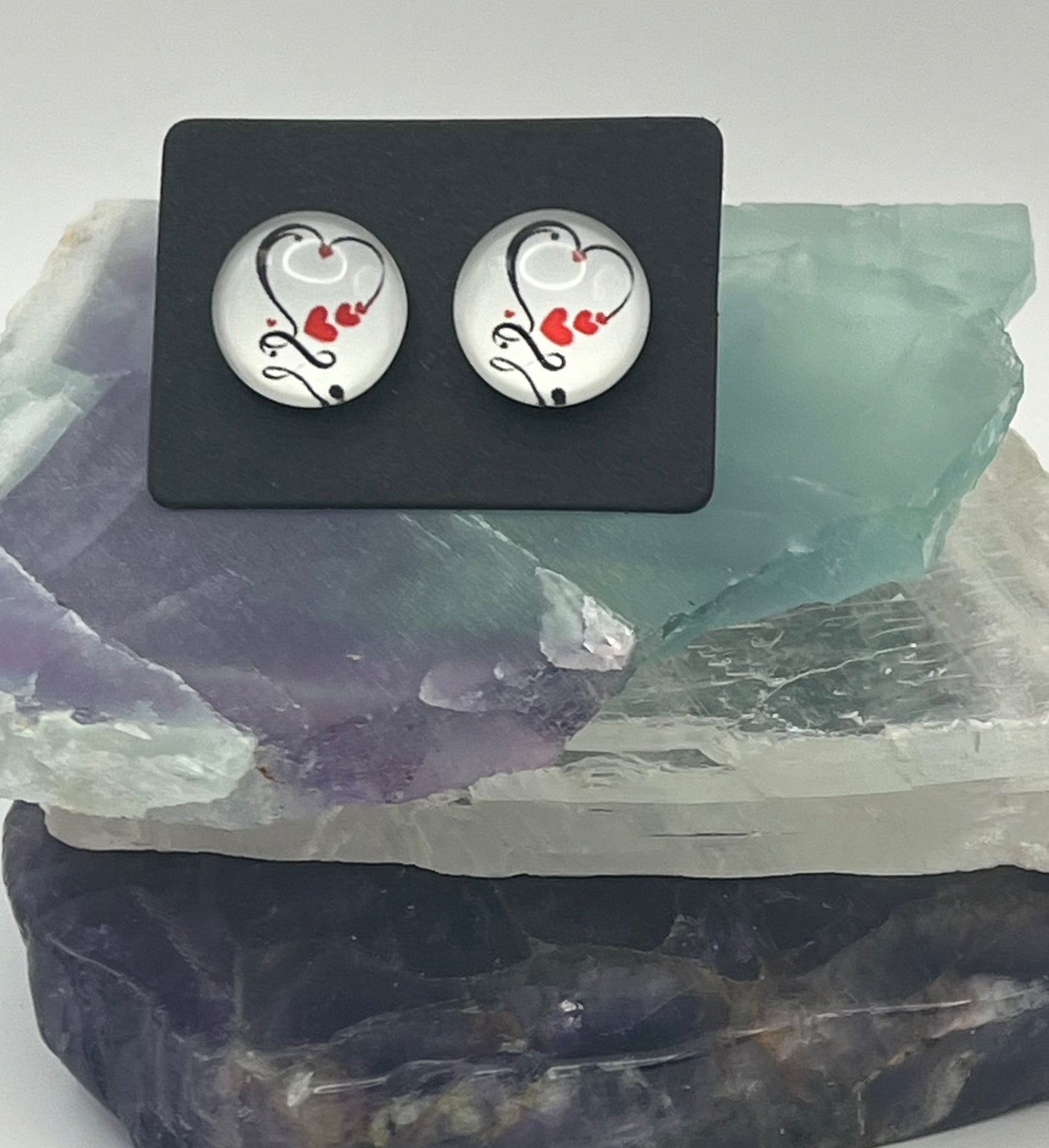 Single Pair Black Heart with Red Heart Studs