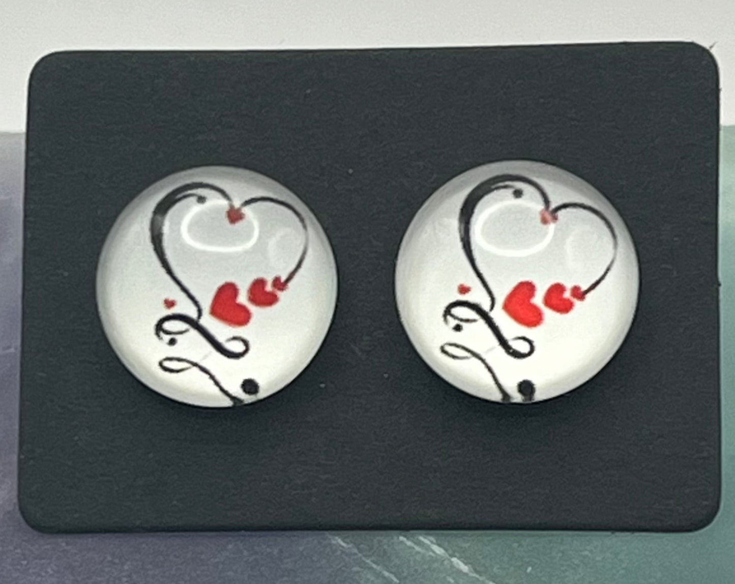 Single Pair Black Heart with Red Heart Studs
