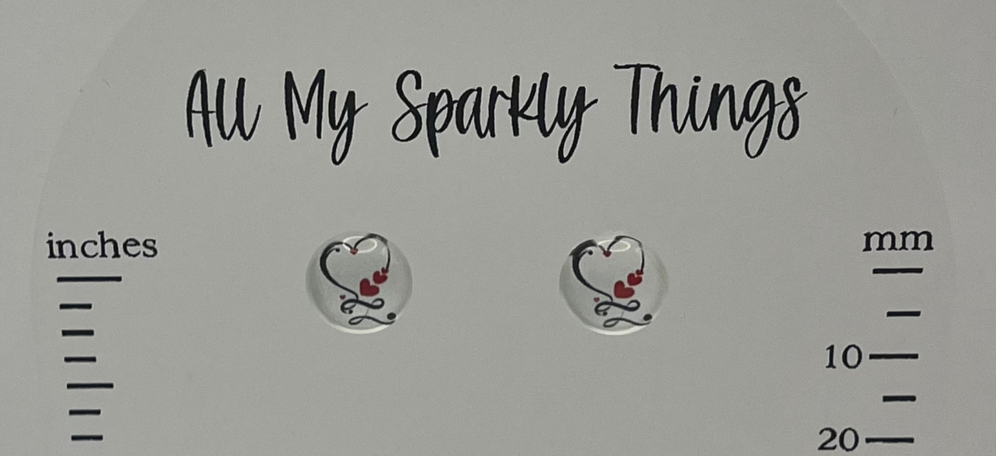 Single Pair Black Heart with Red Heart Studs