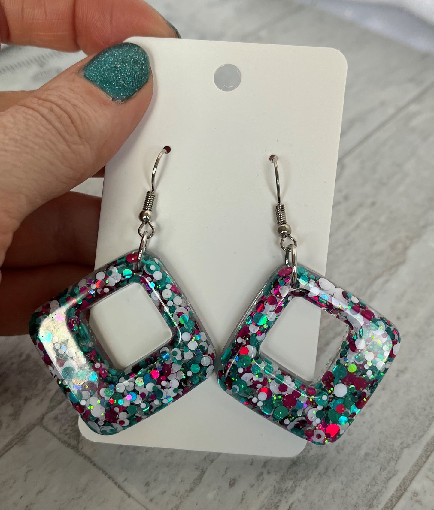 Medium Dangle Earrings Pink, White, and Teal