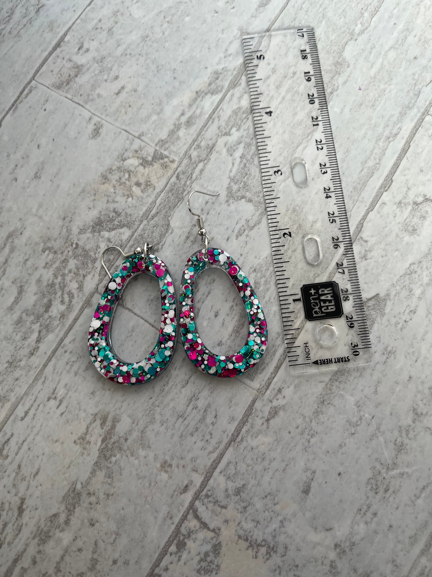 Large Teardrop Earrings Pink, White, and Teal