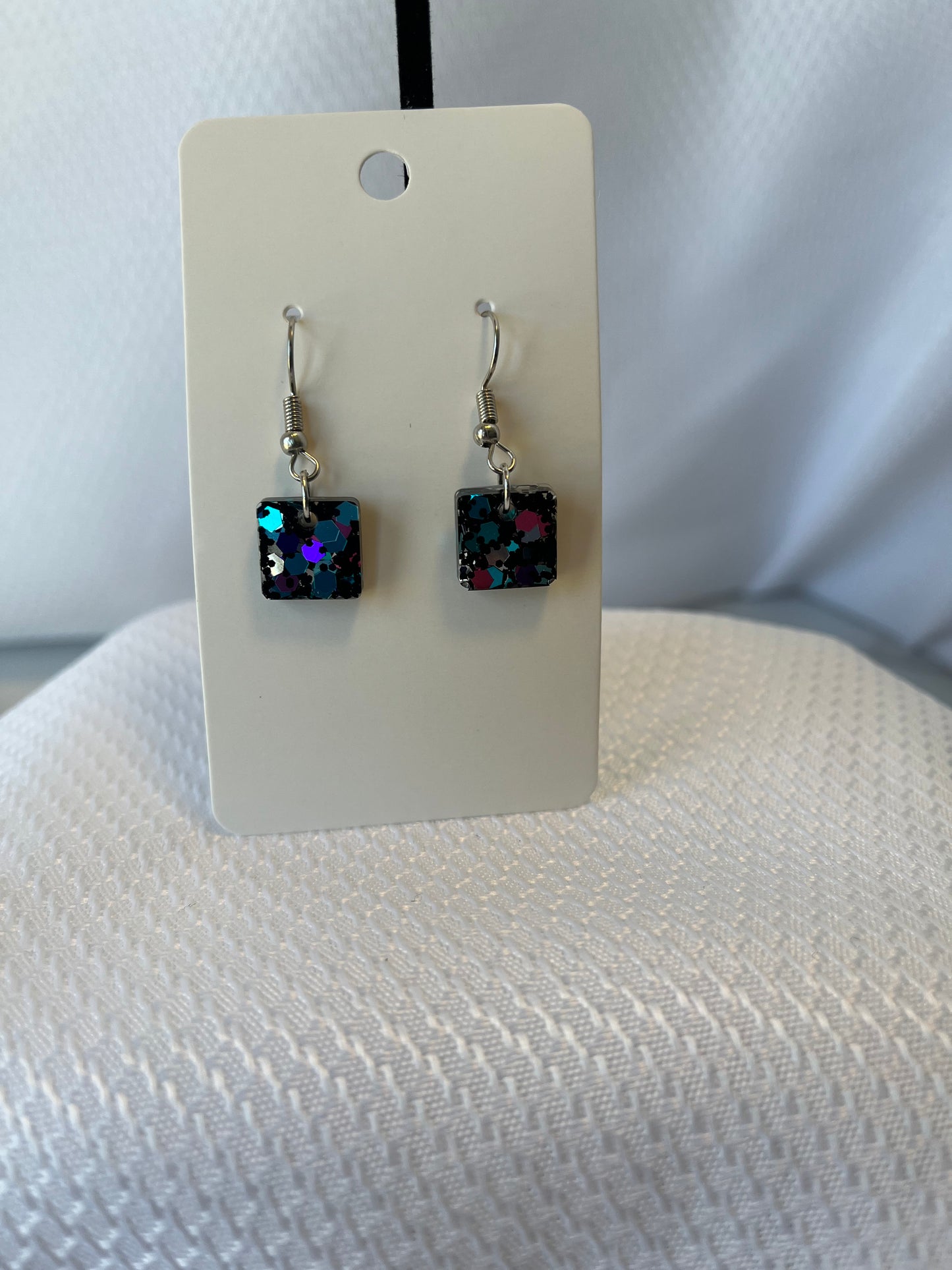 Small Square Earrings Black with Pink, Purple, and Teal