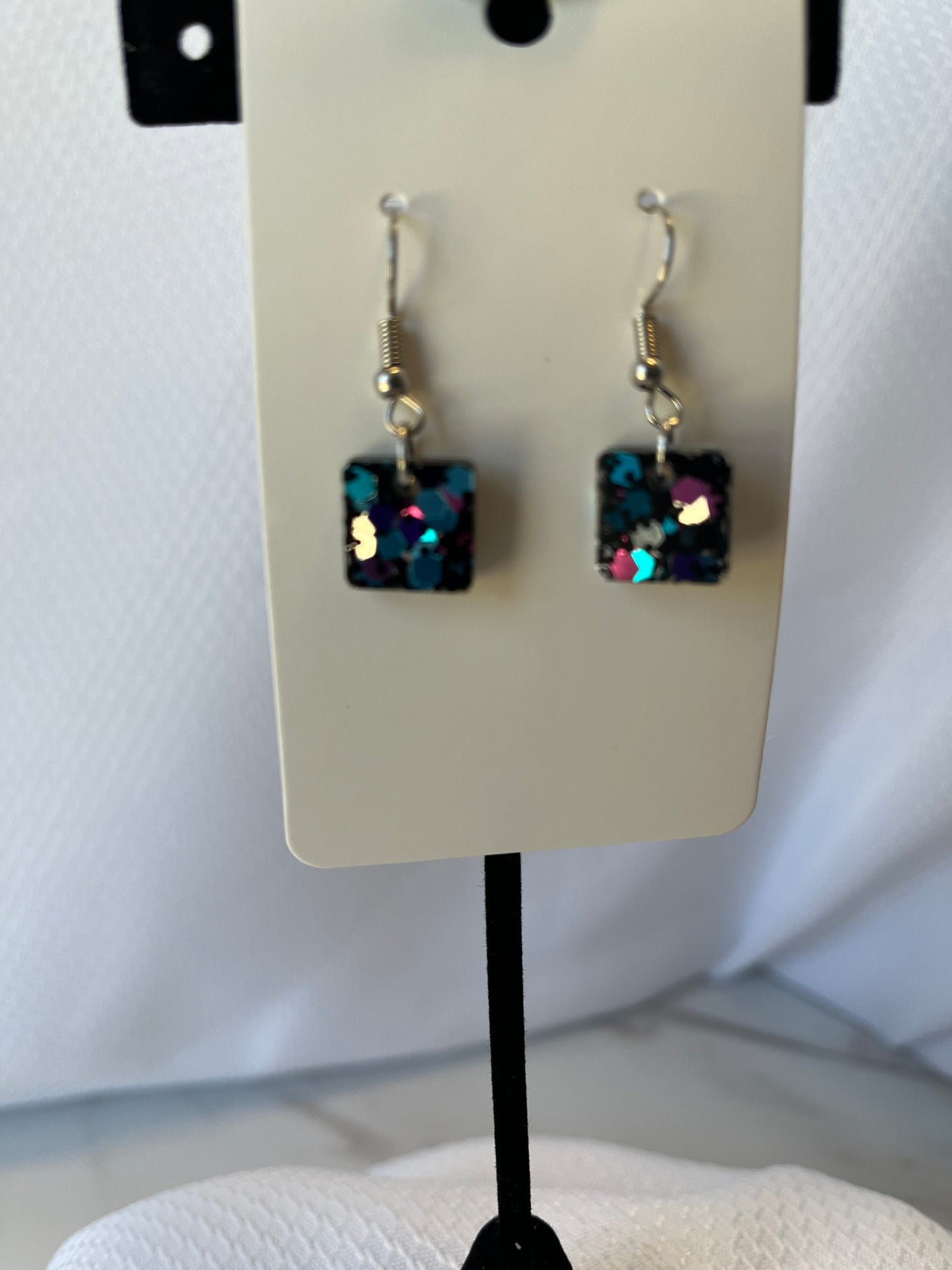 Small Square Earrings Black with Pink, Purple, and Teal