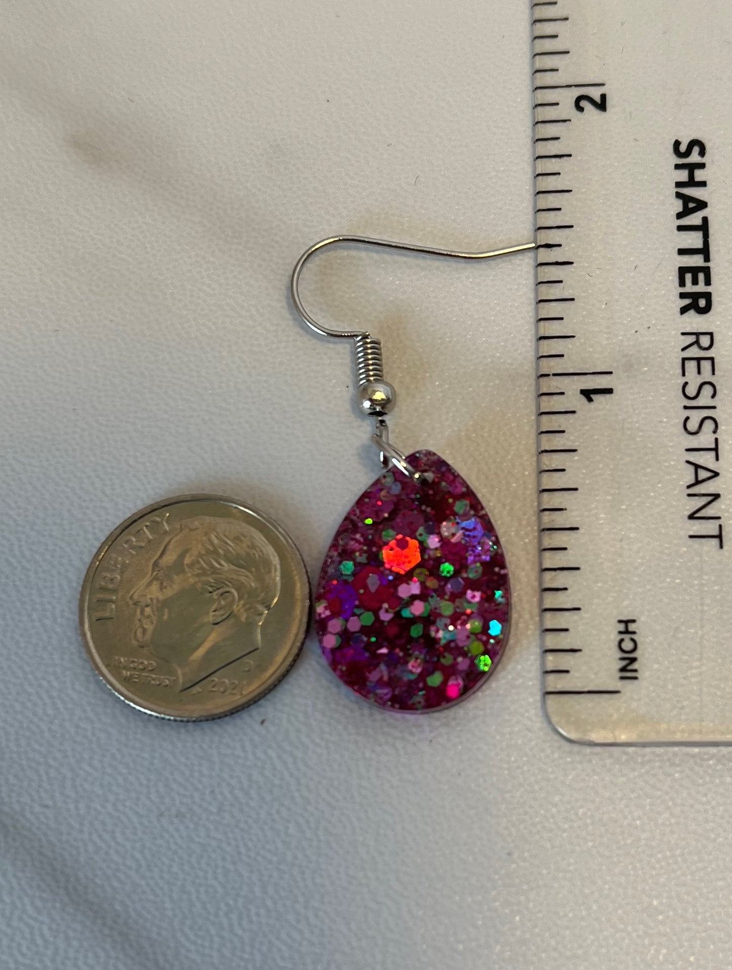 Small Teardrop Earrings Pink Mix Holographic with Green,