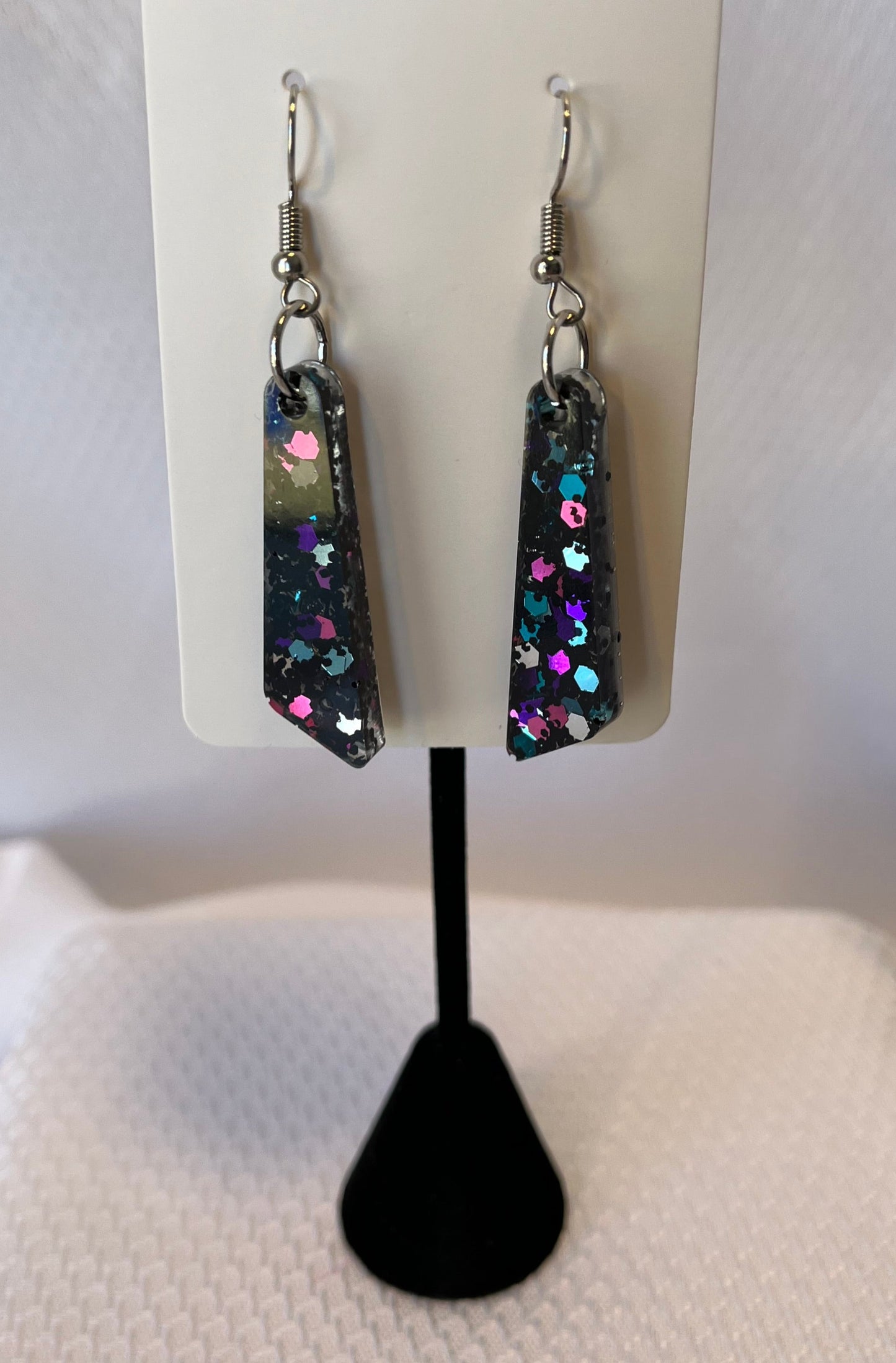 Medium Dangle Earrings Black with Pink, Purple, Teal, and Silver
