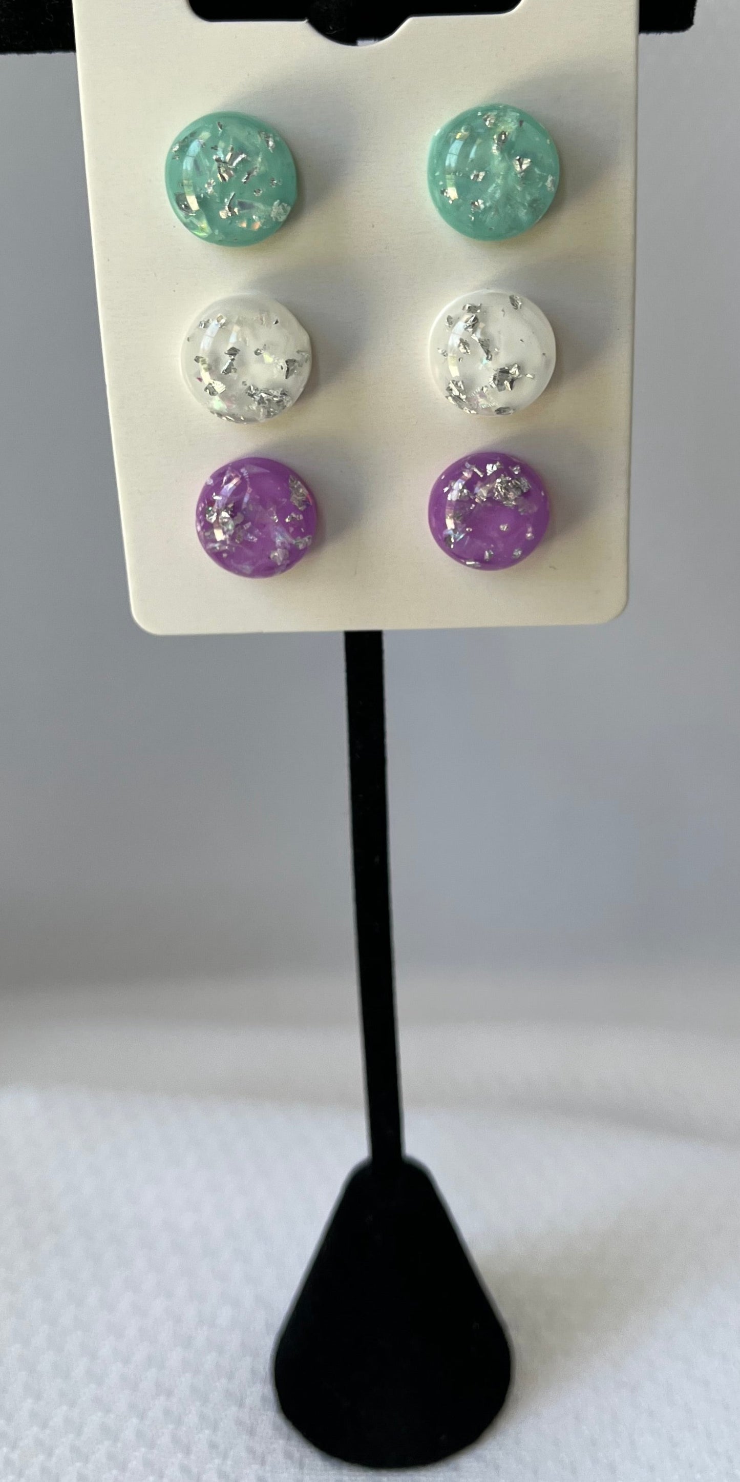 Three pair pack, teal, white, and purple with silver flakes