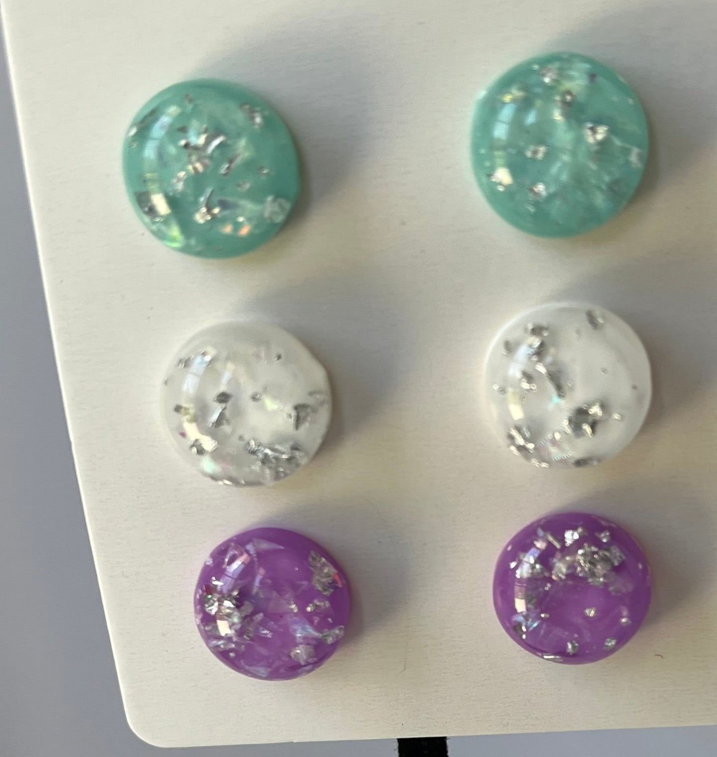 Three pair pack, teal, white, and purple with silver flakes
