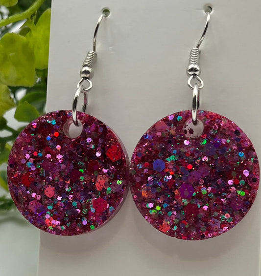 Medium Circle Earrings Pink w/ Iridescent Sparkles