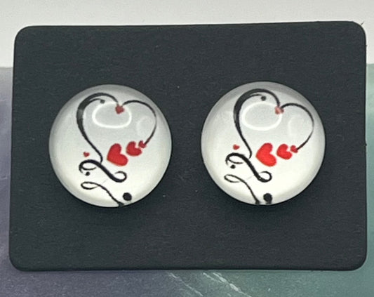 Single Pair Black Heart with Red Heart Studs
