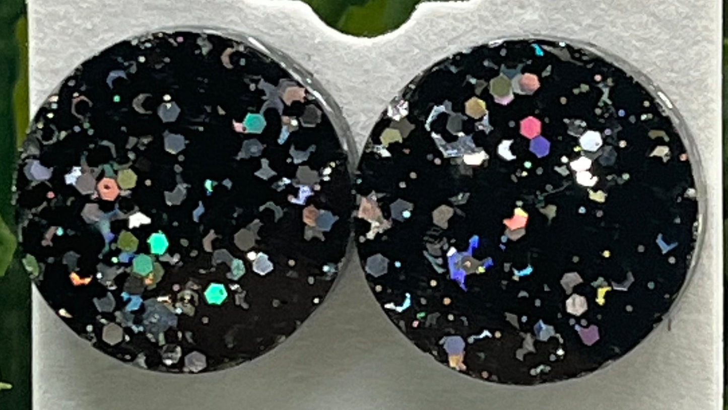 Large 18 mm Studs Black with Silver Sparkles