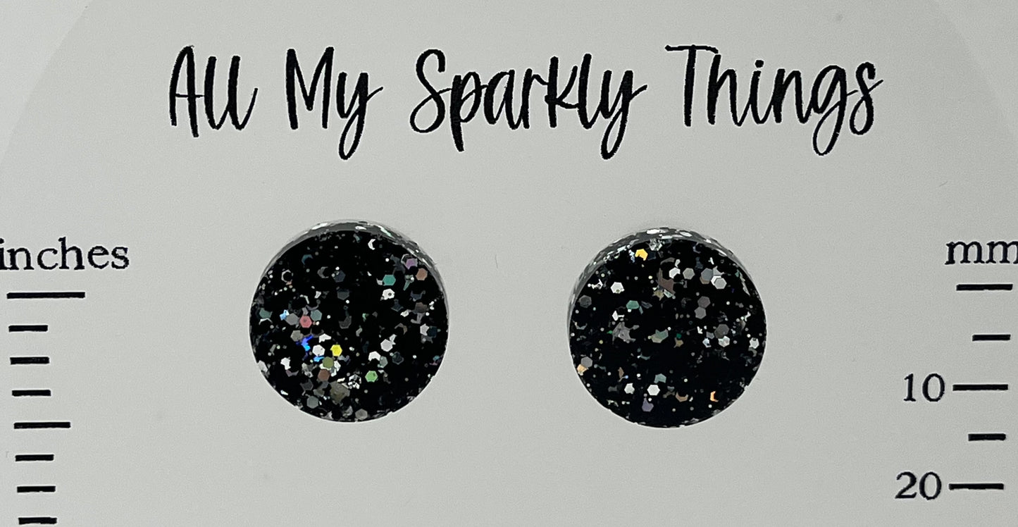 Large 18 mm Studs Black with Silver Sparkles