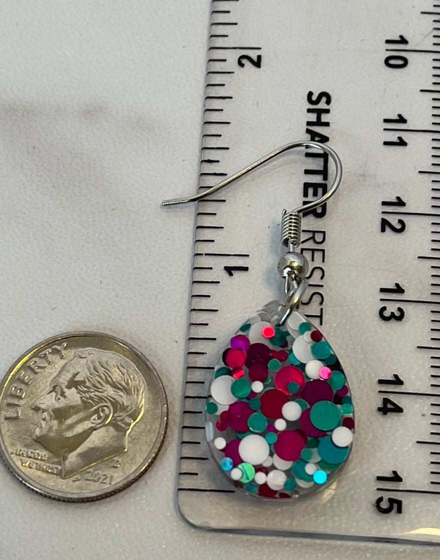 Small Teardrop Earrings Pink, White, and Teal