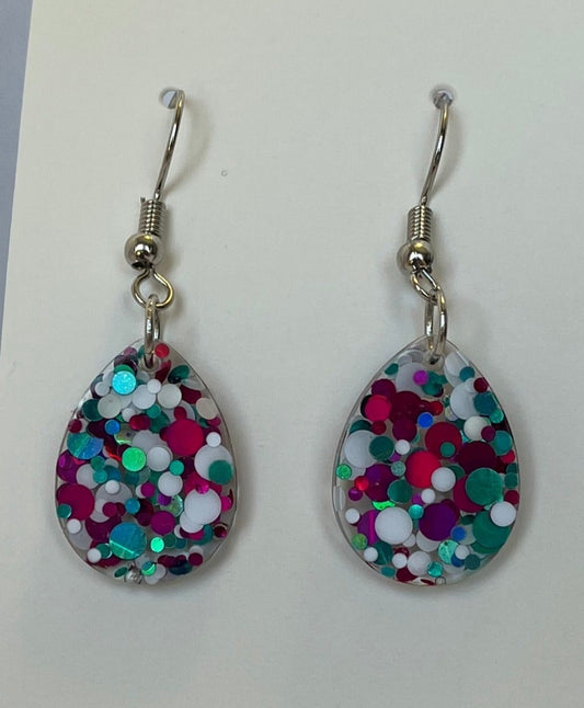 Small Teardrop Earrings Pink, White, and Teal