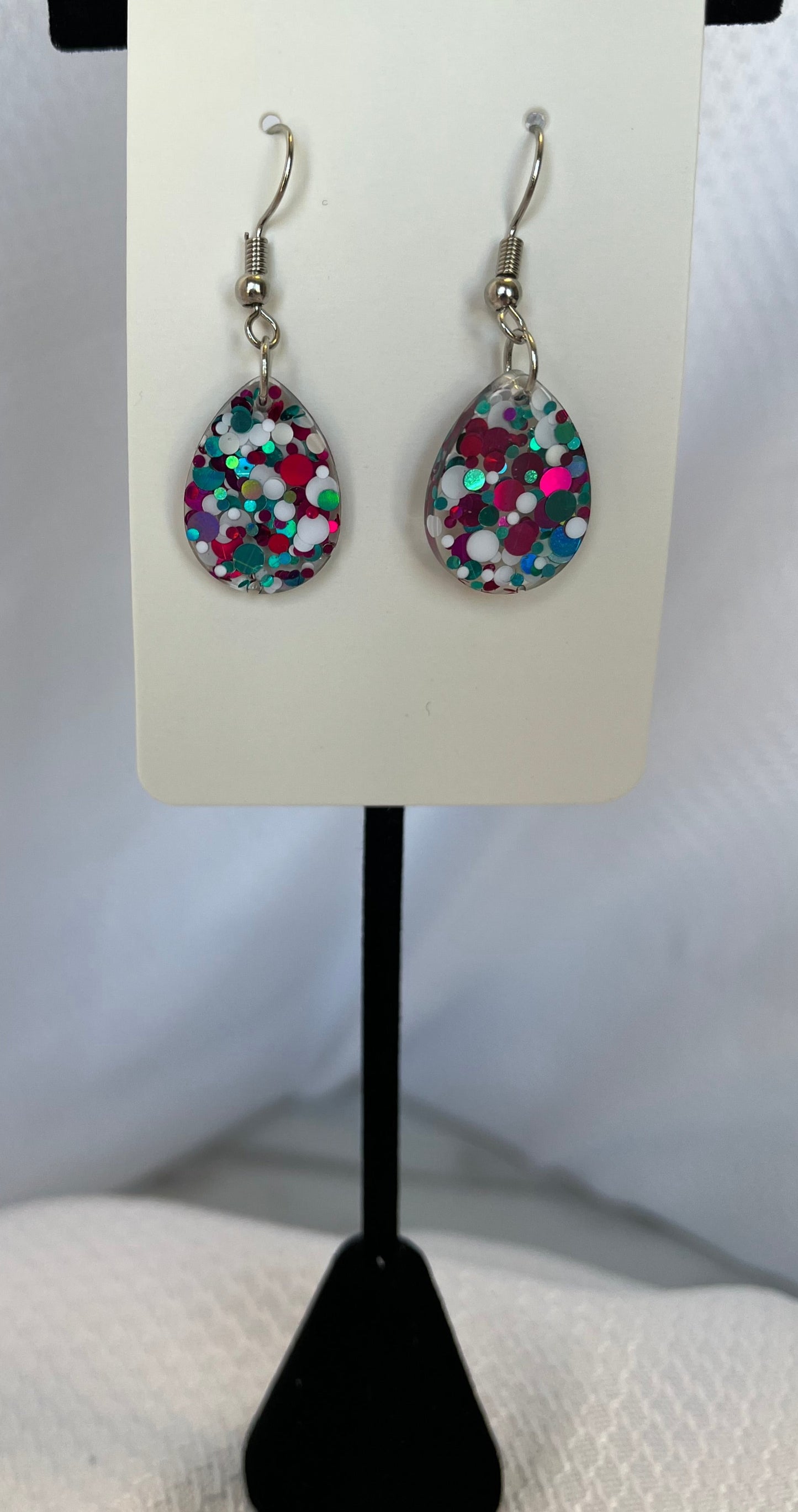 Small Teardrop Earrings Pink, White, and Teal