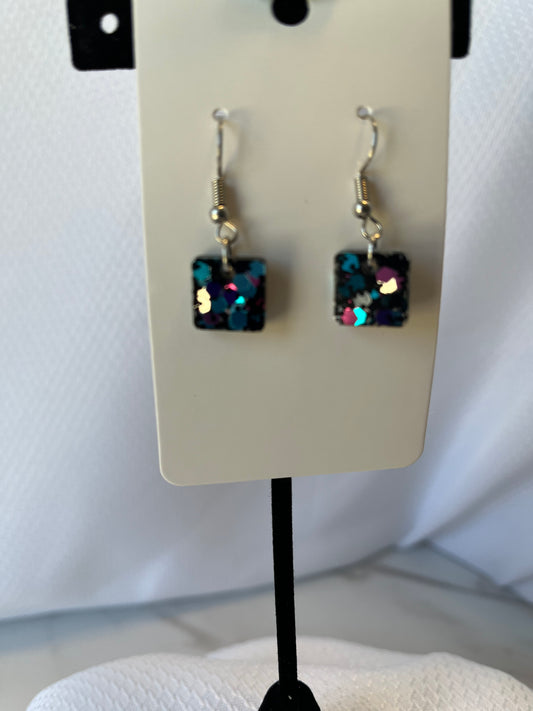 Small Square Earrings Black with Pink, Purple, and Teal