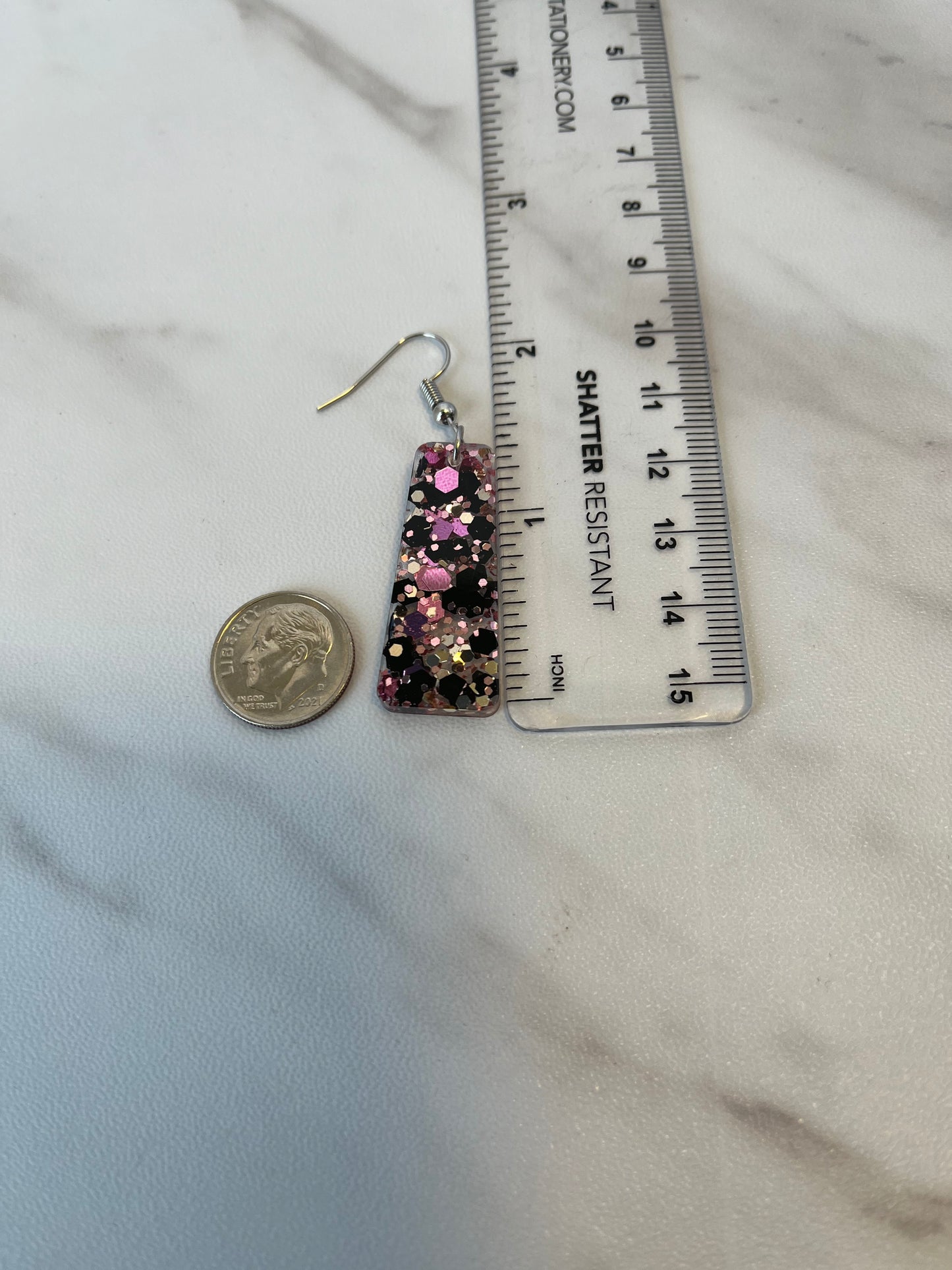 Medium Rectangular Earrings Rose Gold with Black and Pink