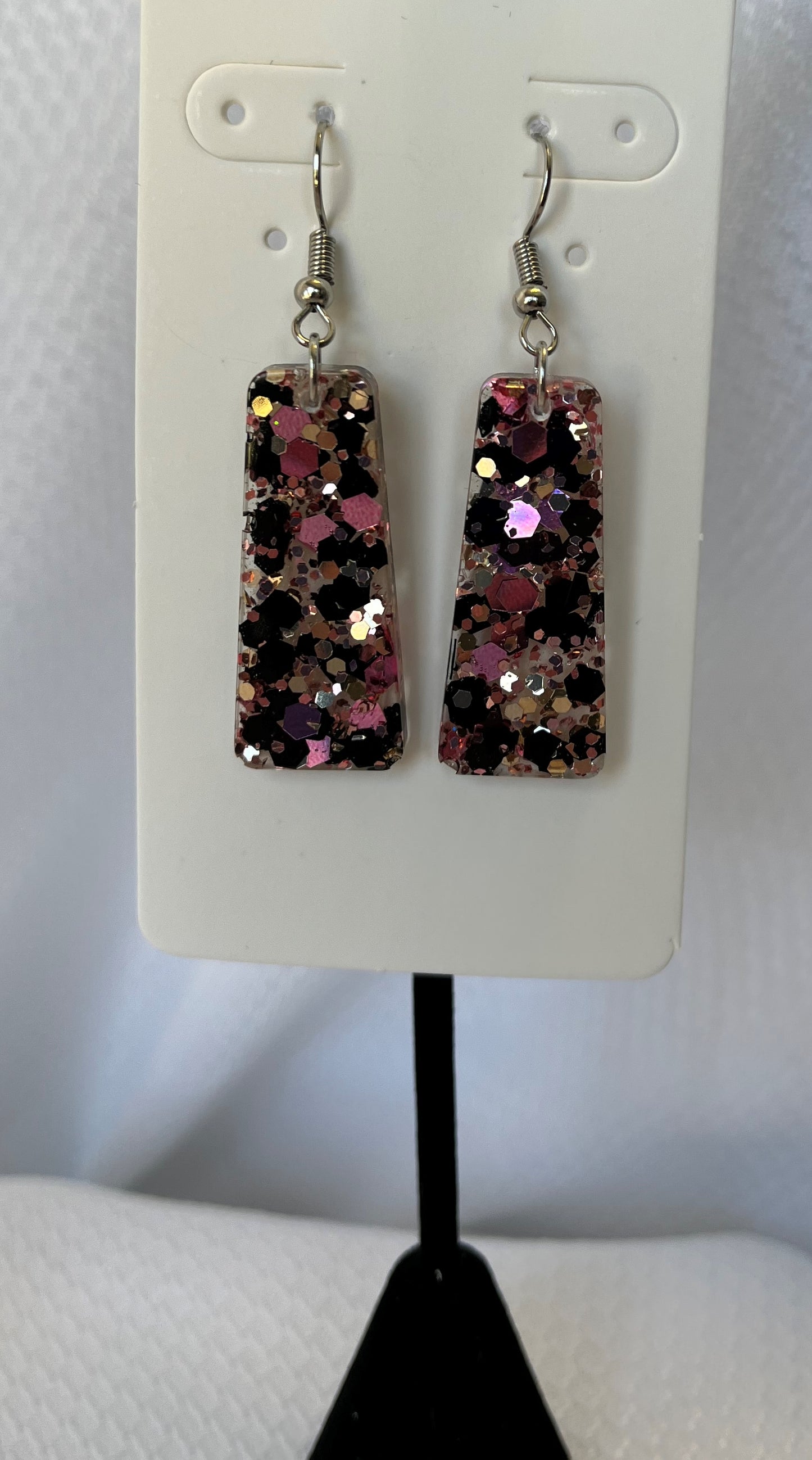 Medium Rectangular Earrings Rose Gold with Black and Pink
