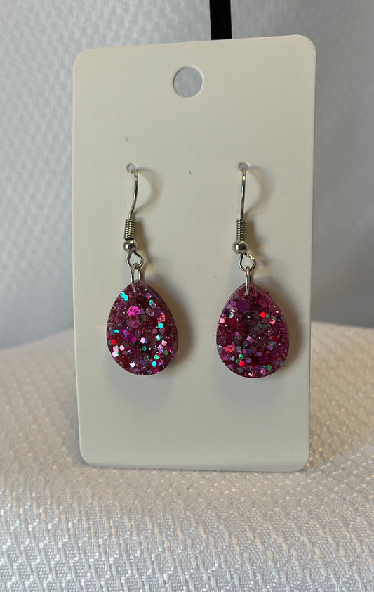 Small Teardrop Earrings Pink Mix Holographic with Green,