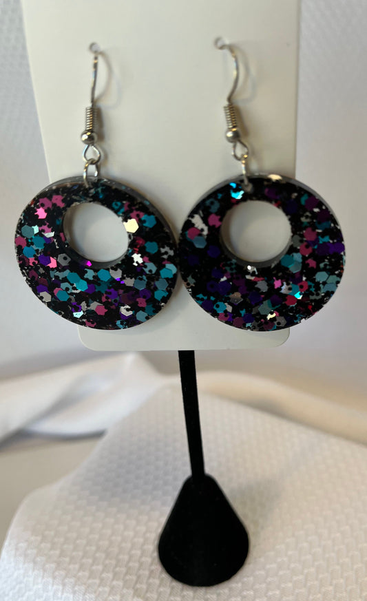 Medium Hoop Earrings Black w/ Pink, Purple, Teal, and Silver