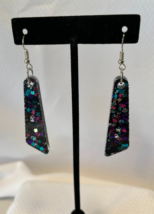Large Dangle Earrings Black with Pink, Purple, Teal, and Silver