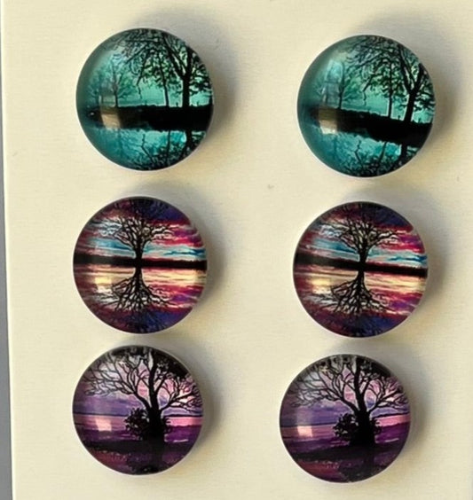 Three pair pack, teal, sunset, and purple with trees
