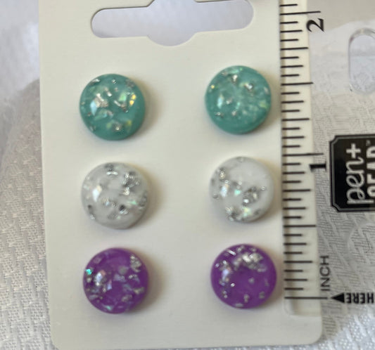 Three pair pack, teal, white, and purple with silver flakes