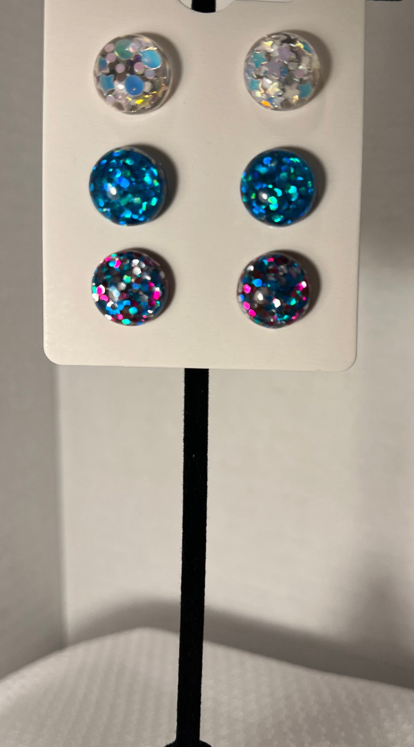 Three pair pack, white sparkly, blue sparkly, white blue and pink mix