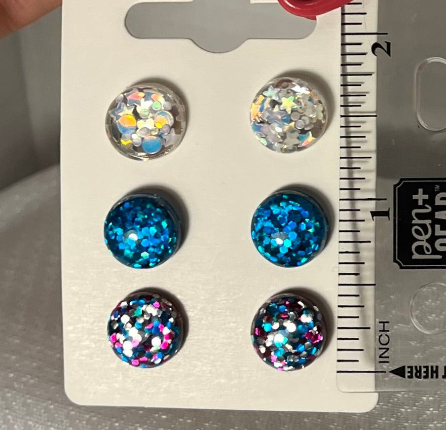 Three pair pack, white sparkly, blue sparkly, white blue and pink mix